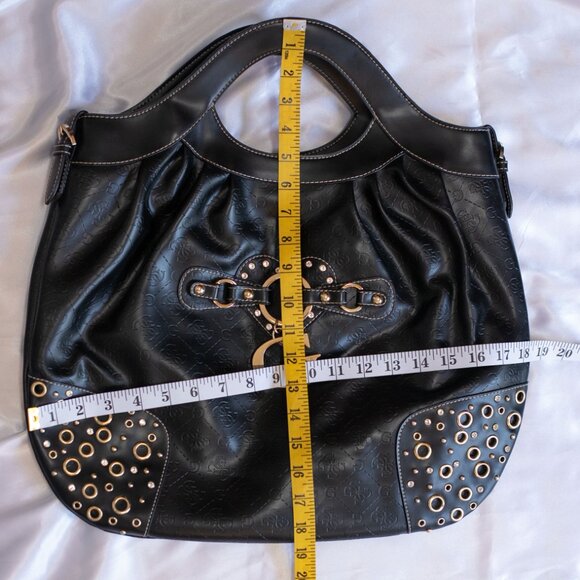 Guess Debossed G-Logo Rhinestone Handbag Faux Leather Satchel Vintage Black - Picture 9 of 9